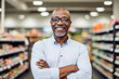 © Keitma - Portrait of a mature supermarket manager man with a kind smile inside his shop , grocery store shelves in background
