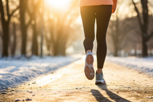 Legs Of A Female Runner Jogging In A Park On A Winter Afternoon