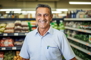 portrait of a mature supermarket manager man with a kind smile inside his shop , grocery store shelv