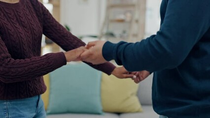 Wall Mural - Home living room, holding hands and dancing couple of friends bonding, having fun and practice performance. Closeup people, music and marriage partner care, romance and support during dancer routine