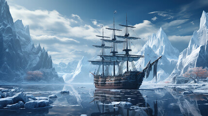 Wall Mural - Big Ship in A Glacier Majestic Icebergs Floating River Surrounded by Towering Mountains AI Generative