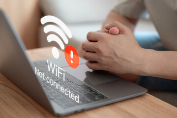 Poster - User using a computer laptop to connect to wifi but wifi not connected or password is incorrect and waiting to loading digital data form website, concept technology of waiting for connect to wifi.