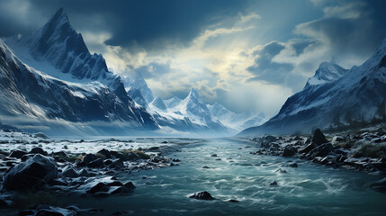 A River Rushing Through A Snowy Winter Alps Ravine Winter Trees Falling Snow AI Generative