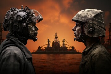 Poster - Two man war look sea. Generate Ai