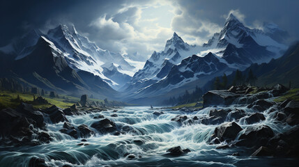 Wall Mural - A River Rushing Through A Snowy Winter Alps Ravine Winter Trees Falling Snow AI Generative