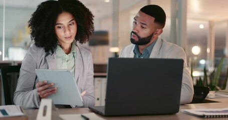 Aufkleber - Business people, tablet and laptop for teamwork in marketing research, multimedia results and data analytics at night. Professional african woman and man on digital technology and computer in office