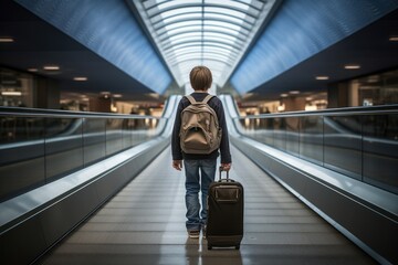 Young boy luggage walking down escalator. Generate Ai