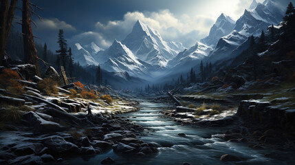 A River Rushing Through A Snowy Winter Alps Ravine Winter Trees Falling Snow AI Generative