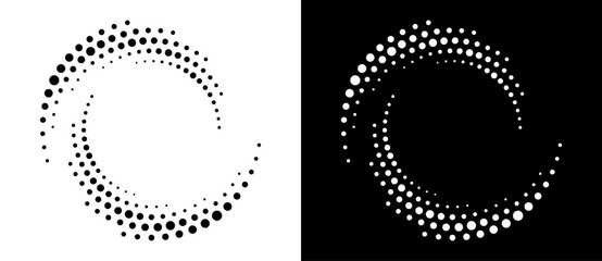 Poster - Modern abstract background. Halftone dots in circle form. Round logo. Vector dotted frame. Design element or icon. Black shape on a white background and the same white shape on the black side.