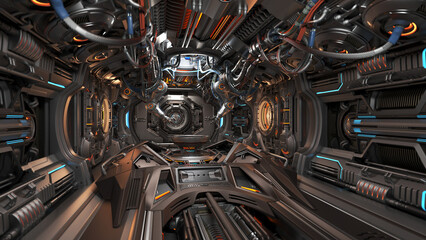 Wall Mural - 3d rendering of highly detailed futuristic hall with robotic arms or cybernetic sci-fi space station designed for machinery building.