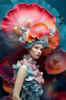 Beautiful female model fashionably dressed, surrounded by colorful mushrooms. Alice in Wonderland background. Ai generated image