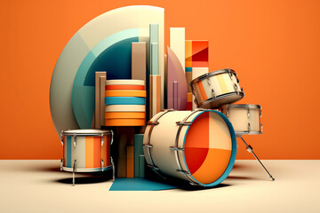 Leinwandbilder - an abstract geometric style portrayal of a drum set, with each drum and cymbal depicted as a unique geometric shape in a muted color palette. Generative AI technology