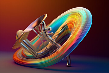 Poster - An abstract geometric style rendering of a Trombone, with its curved body and strings composed of intersecting geometric shapes and soft, soothing color gradients. Generative AI technology