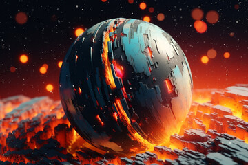 Poster - an abstract planet with intersecting geometric shapes and translucent layers, creating a sense of depth and mystery in the cosmic expanse. Generative AI technology