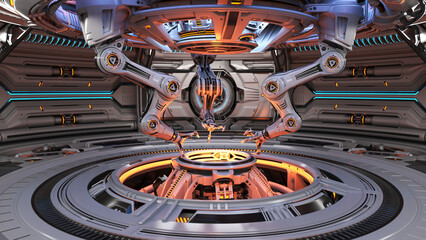 Wall Mural - 3d rendering of highly detailed futuristic hall with robotic arms or cybernetic sci-fi space station designed for machinery building.