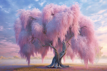 Poster - A pastel-colored Willow tree with a majestic mane, rendered in soft hues of pink, purple, and blue, exuding a serene and regal presence. Generative AI technology