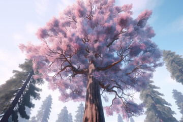 Poster - A pastel-colored Redwood tree with a majestic mane, rendered in soft hues of pink, purple, and blue, exuding a serene and regal presence. Generative AI technology