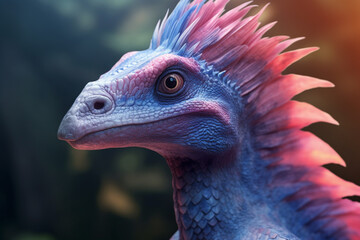 Aufkleber - A pastel-colored Dilophosaurus with a majestic mane, rendered in soft hues of pink, purple, and blue, exuding a serene and regal presence. Generative AI technology