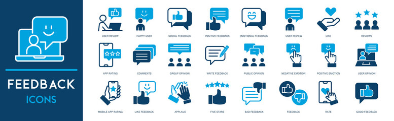 Feedback Outline Icon Collection. Thin Line Set contains such Icons as Rating, Testimonials, Quick Response, Satisfaction and more. Simple web icons