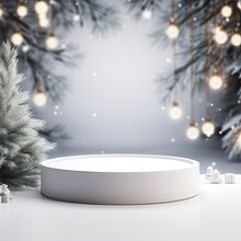 Simple Round Podium With Fir Trees On Background. Generative AI