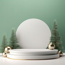 Simple Round Podium With Fir Trees On Background. Generative AI