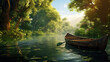 Canoe on a lake in the forest, sunrise, illustration