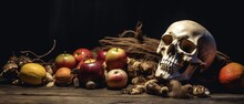 Skull,objects Expired And Dried And Rotten Fruits