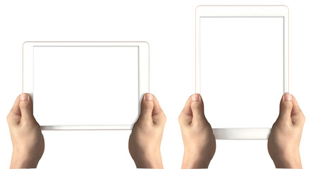 Fototapete - Hand holding horizontal vertical view digital computer tablet on transparent background cutout, PNG file. Mockup template for artwork design. Two perspective positions, upright front view	
