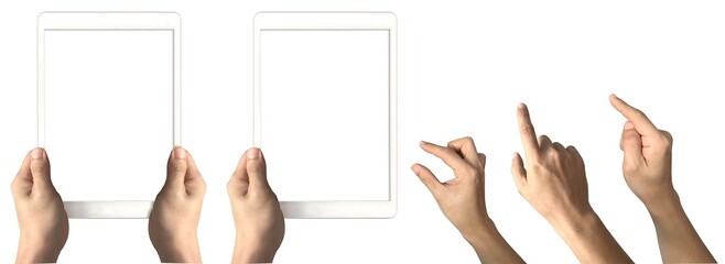 Fototapete - Hand holding of vertical view digital computer tablet with set of fingers pointing on transparent background cutout, PNG file. Mockup template for artwork design. perspective positions, upright front