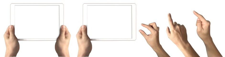 Fototapete - Hand holding of horizontal view digital computer tablet with set of fingers pointing transparent background cutout, PNG file. Mockup template for artwork design. perspective positions, upright front	