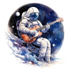 Wall Mural - watercolor astronaut playing guitar on a white background. Generative AI