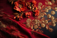 Floral Embroidery On A Red Silk. Golden Embroidery And Red Flowers. Luxurious Red Silk Fabrics Embroidered With Gold Flower Pattern