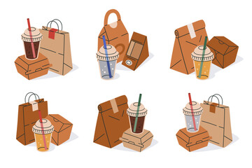 Takeaway food delivery containers. Paper bags, boxes and plastic cup, disposable food delivery packaging flat vector illustration. Fast food paper bags