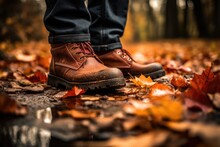 A Pair Of Boots Stepping On Fallen Leaves, Capturing The Sound Of Crunchiness - Fall's Signature - AI Generated