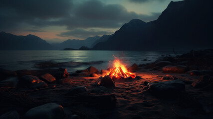 Wall Mural - Burning campfire on the lonely overcast beach..Camping on the beach at night. Cloudy, foggy and rainy weather. Moody and dramatic.