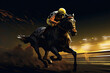 Horse racing at night. Digital illustration of thoroughbred and jockey - Generative AI