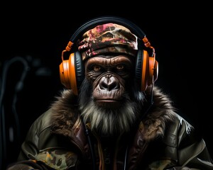 A gorila wearing headphones, black background, neon light, music as a universal language concept