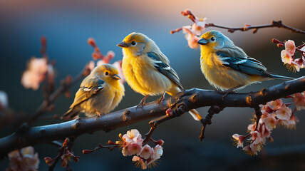 Gradient pattern 2 Little American Goldfinch Birds perched on a tree branch evening light spot bir