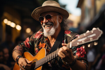 Sticker - Rhythms of Life. Musicians playing lively tunes on the streets encapsulate the spirit of My Latin America. Generative Ai.