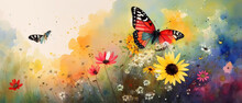 Watercolor Illustration Of Butterflies Fluttering Over Wild Flowers In Spring, Generative AI.