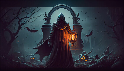 Mysterious Hooded Figure Holding Halloween Pumpkin in Haunted Graveyard Dark Halloween Art, scary halloween night, Ai generated image 