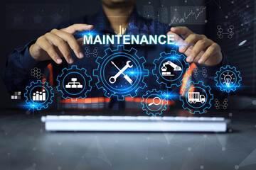 Wall Mural - Maintenance engineer working on desk in office with gears graphic signifies maintenance or inspection of machinery according to service intervals periods and corrective and preventive maintenance.