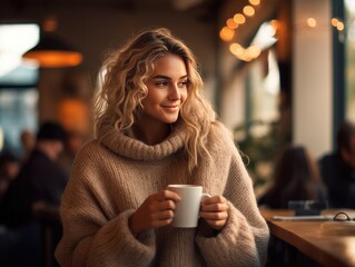 A woman, wrapped in a cozy sweater, enjoys a pumpkin spice latte, her contentment evident against the backdrop of a softly blurred café interior.