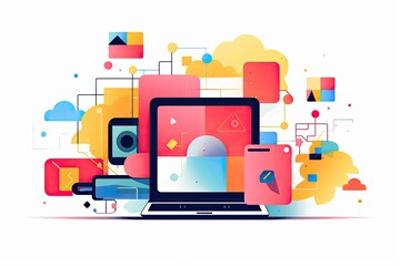 colorful laptop item with minimal shapes pattern on white background. machine learning. generative a