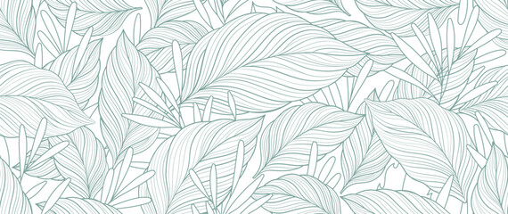 Tropical leaf line art wallpaper background vector. Design of natural monstera leaves and banana leaves in a minimalist linear outline style. Design for fabric, print, cover, banner, decoration