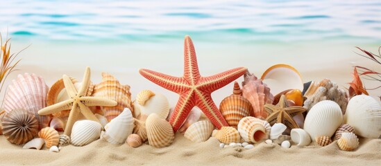 Poster - Display of seashells and starfish in coastal vacation home