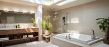 Skylit Master Bathroom In Suburban Residence