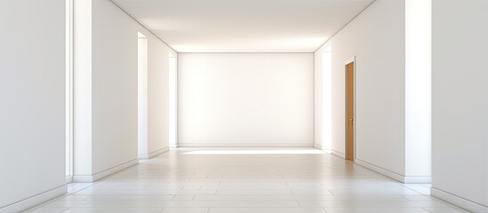 Aufkleber - Minimalist modern house with a narrow empty corridor of white walls and doors leading to a daylight filled living room