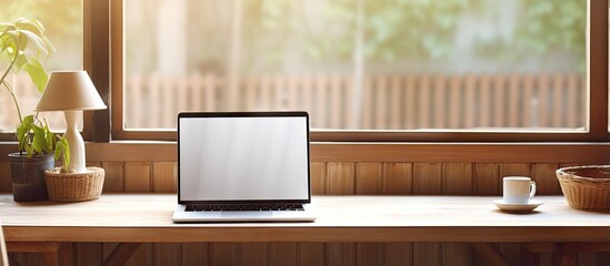 Poster - White laptop with blank screen placed on glass table near window and wooden chair Organized workspace idea