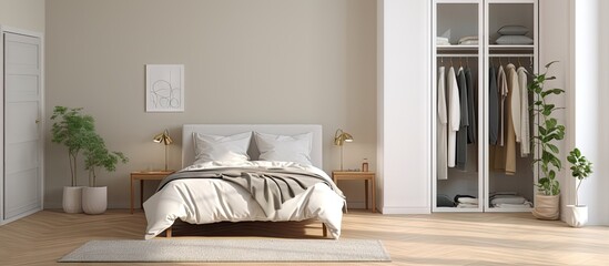 Modern bedroom with cozy bed on wood floor by white wardrobe and mirror in natural light